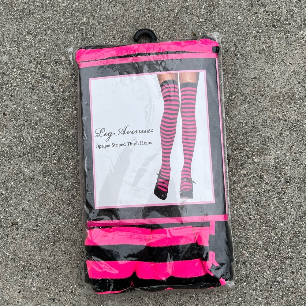 New Pink/Blk Striped Opaque Thigh Highs